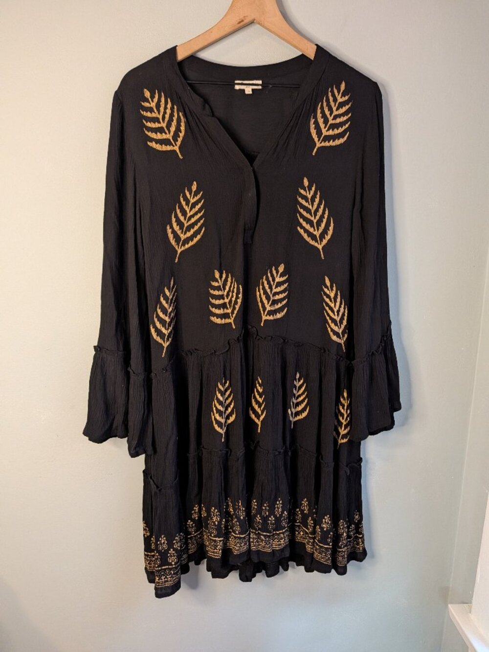 Paani Black Leaf Flowy Babydoll Boho Western Tunic Dress Large Crinkle Viscose